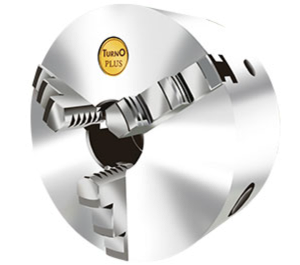 Three-jaw accuracy-adjustable self-centring chuck with serrated jaws.