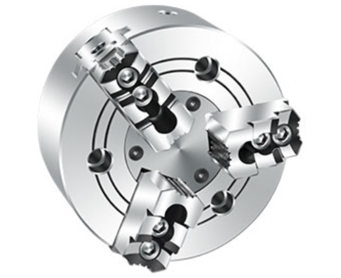Closed-centre three-jaw power chuck, machined steel, photographed on a light background.