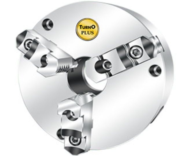 Three-jaw master gripping chuck with bolted top jaws on a white background.